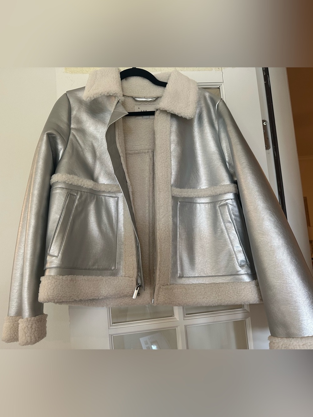 Target Silver Faux-Leather Teddy Jacket with Cream Shearling Trim